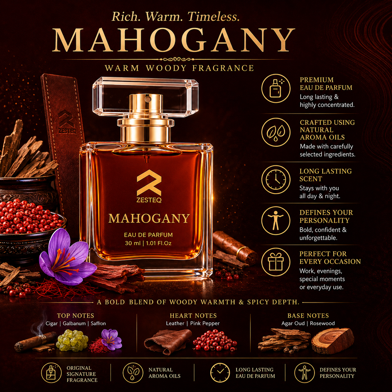 Zesteq Mahogany Eau De Parfum (30 ml) | Warm & Woody Fragrance | Rich & Inviting | Perfume for Men long lasting smell Mahogany
