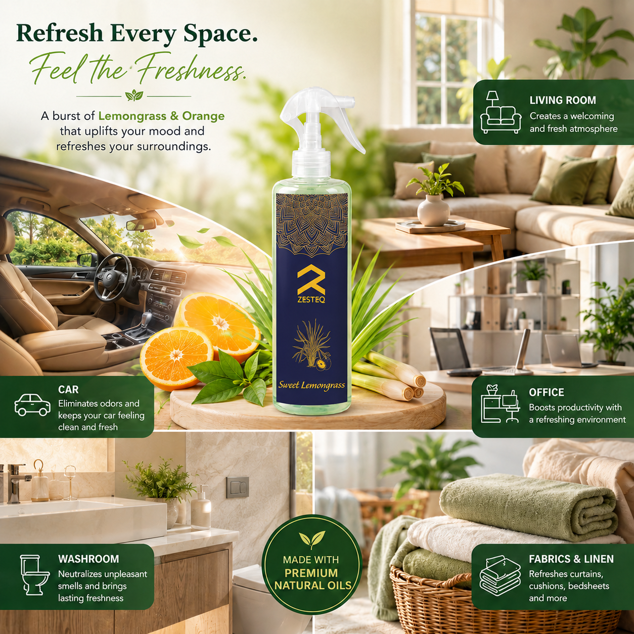 Zesteq Sweet Lemongrass Air Freshener for Home, Car, Office, Washrooms, Made of Premium Natural oils (500 ml)