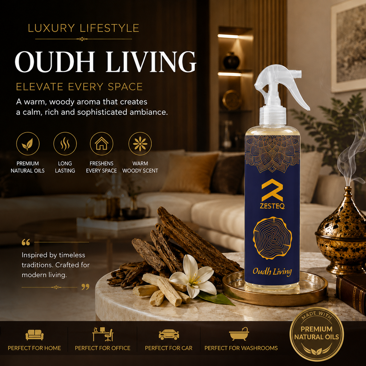 Zesteq Oudh Living Room Freshener for House, Office, Washrooms, Car, Made up of premium natural oils (500 ml)