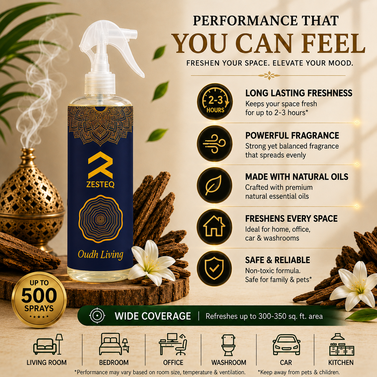 Zesteq Oudh Living Room Freshener for House, Office, Washrooms, Car, Made up of premium natural oils (500 ml)