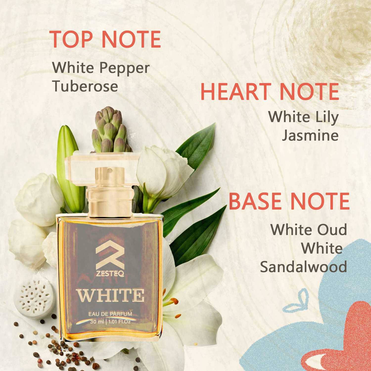 Zesteq White Eau De Parfum (30 ml) | Clean &amp; Refreshing Fragrance | Subtle &amp; Timeless | Unisex Luxury Perfume