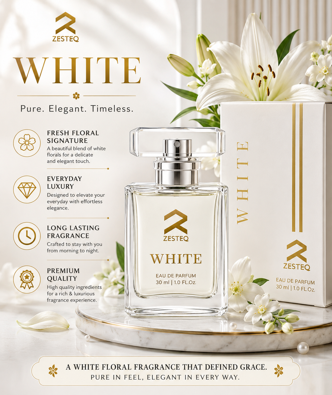 Zesteq White Eau De Parfum (30 ml) | Clean &amp; Refreshing Fragrance | Subtle &amp; Timeless | Unisex Luxury Perfume