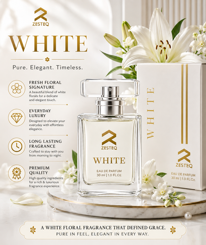 Zesteq White Eau De Parfum (30 ml) | Clean &amp; Refreshing Fragrance | Subtle &amp; Timeless | Unisex Luxury Perfume