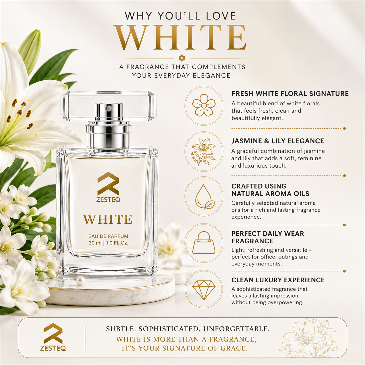 Zesteq White Eau De Parfum (30 ml) | Clean &amp; Refreshing Fragrance | Subtle &amp; Timeless | Unisex Luxury Perfume