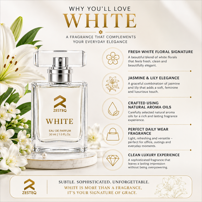 Zesteq White Eau De Parfum (30 ml) | Clean &amp; Refreshing Fragrance | Subtle &amp; Timeless | Unisex Luxury Perfume