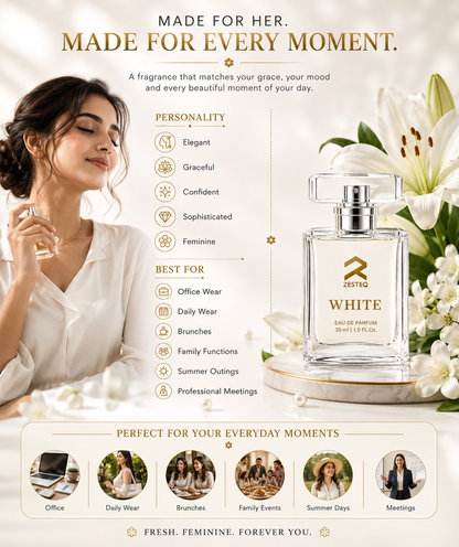Zesteq White Eau De Parfum (30 ml) | Clean &amp; Refreshing Fragrance | Subtle &amp; Timeless | Unisex Luxury Perfume