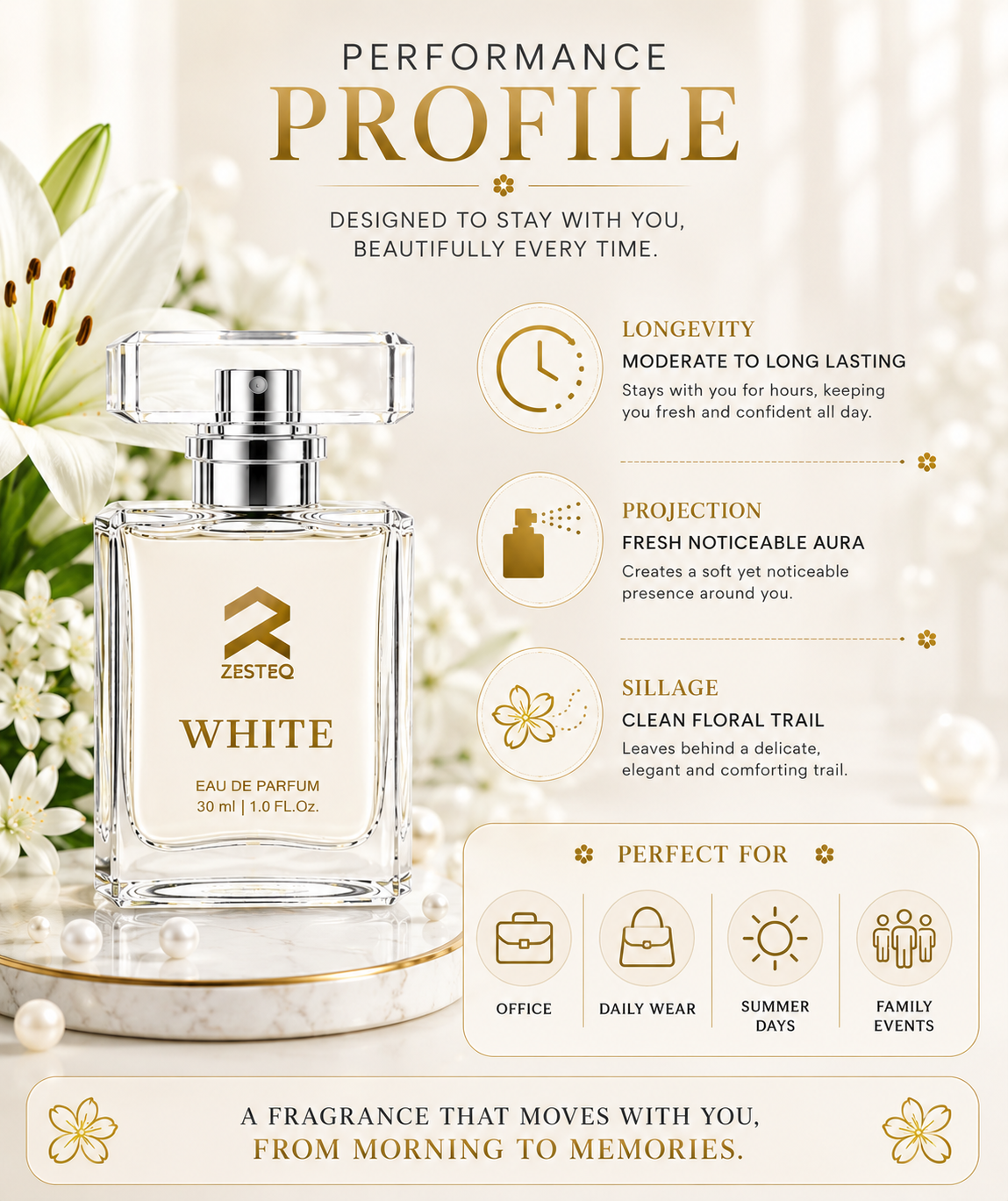 Zesteq White Eau De Parfum (30 ml) | Clean &amp; Refreshing Fragrance | Subtle &amp; Timeless | Unisex Luxury Perfume