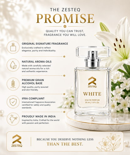 Zesteq White Eau De Parfum (30 ml) | Clean &amp; Refreshing Fragrance | Subtle &amp; Timeless | Unisex Luxury Perfume