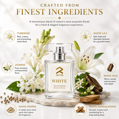 Zesteq White Eau De Parfum (30 ml) | Clean &amp; Refreshing Fragrance | Subtle &amp; Timeless | Unisex Luxury Perfume