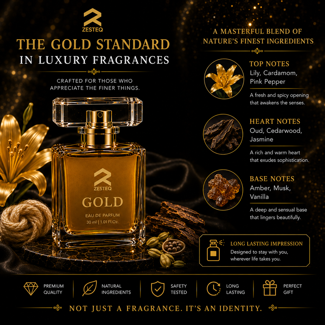 Zesteq Gold Eau De Parfum (30 ml)| Radiant &amp; Opulent Fragrance | A Touch of Luxury | Unisex