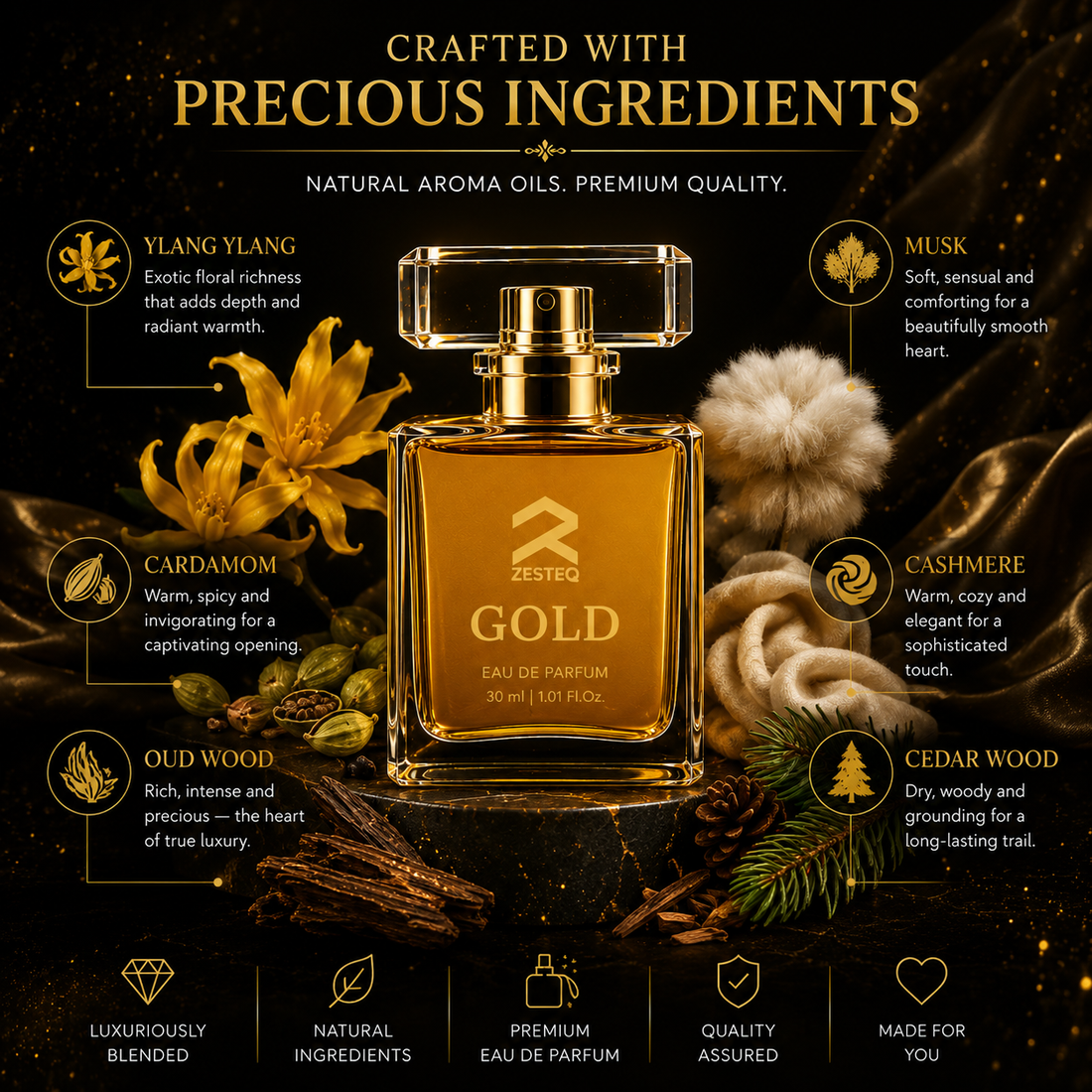 Zesteq Gold Eau De Parfum (30 ml)| Radiant &amp; Opulent Fragrance | A Touch of Luxury | Unisex