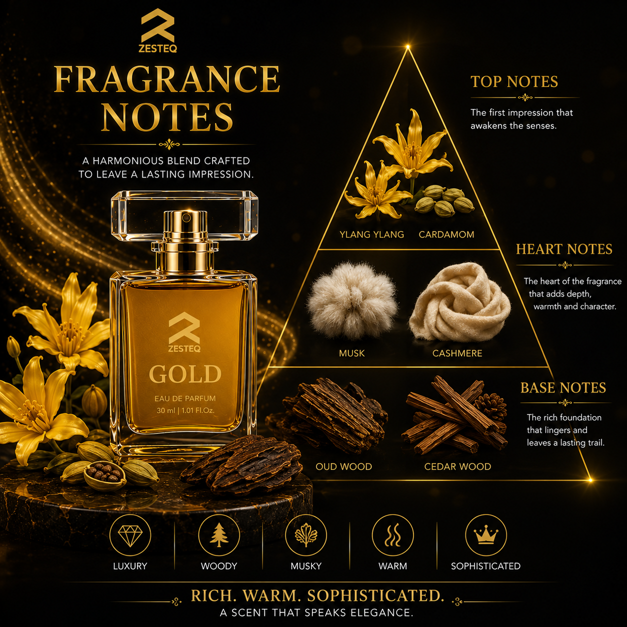 Zesteq Gold Eau De Parfum (30 ml)| Radiant &amp; Opulent Fragrance | A Touch of Luxury | Unisex