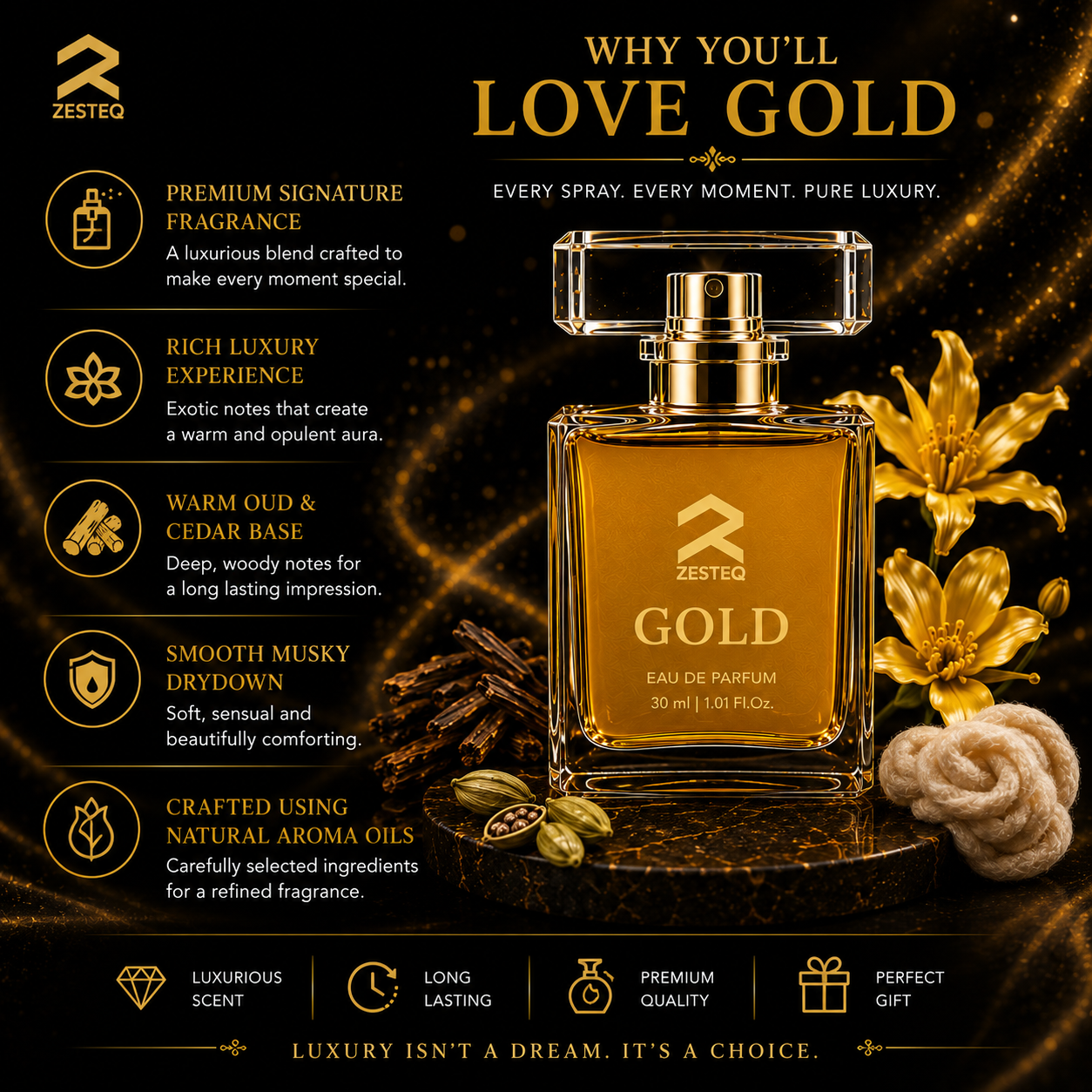 Zesteq Gold Eau De Parfum (30 ml)| Radiant &amp; Opulent Fragrance | A Touch of Luxury | Unisex