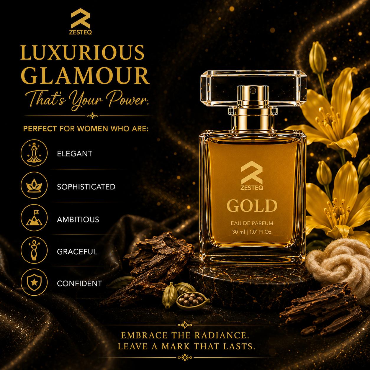 Zesteq Gold Eau De Parfum (30 ml)| Radiant &amp; Opulent Fragrance | A Touch of Luxury | Unisex