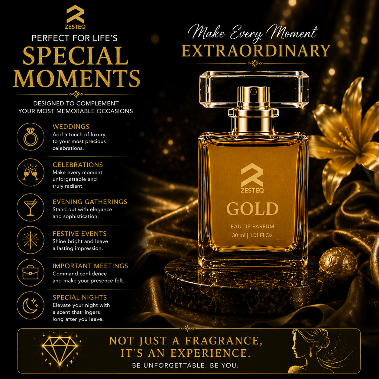Zesteq Gold Eau De Parfum (30 ml)| Radiant &amp; Opulent Fragrance | A Touch of Luxury | Unisex