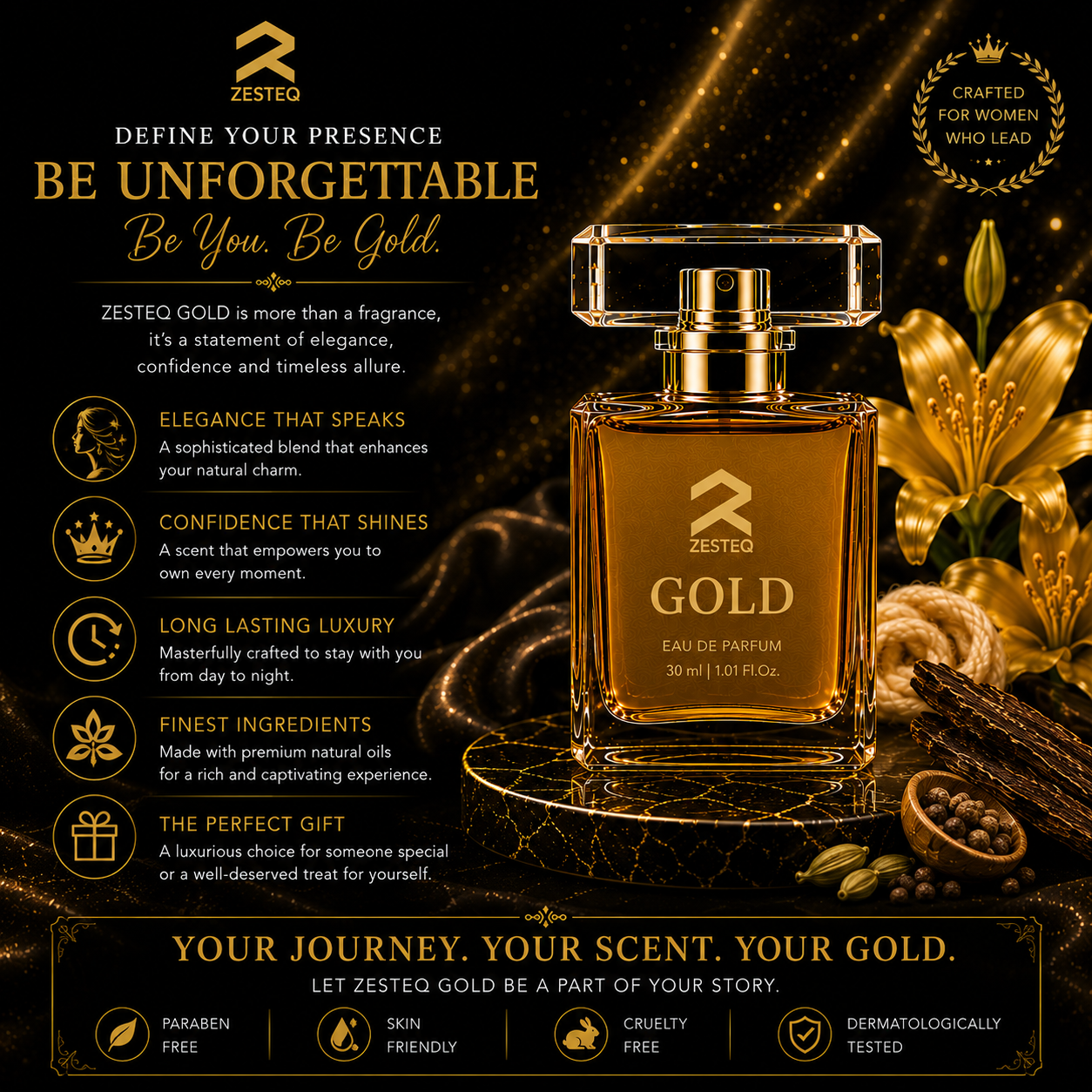 Zesteq Gold Eau De Parfum (30 ml)| Radiant &amp; Opulent Fragrance | A Touch of Luxury | Unisex