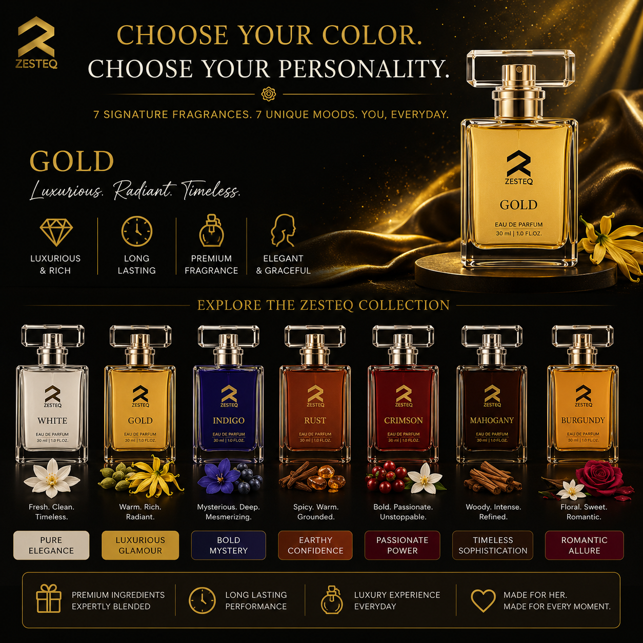 Zesteq Gold Eau De Parfum (30 ml)| Radiant &amp; Opulent Fragrance | A Touch of Luxury | Unisex