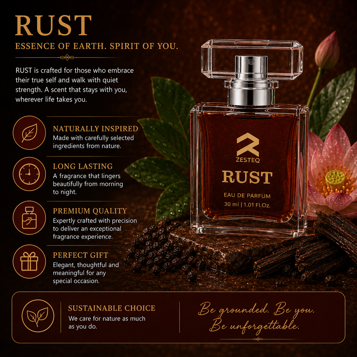 Zesteq Perfume Rust EDP (30 ml) | Earthy &amp; Warm Fragrance | Unique &amp; Grounding | Unisex Branded Perfume for Men and Women