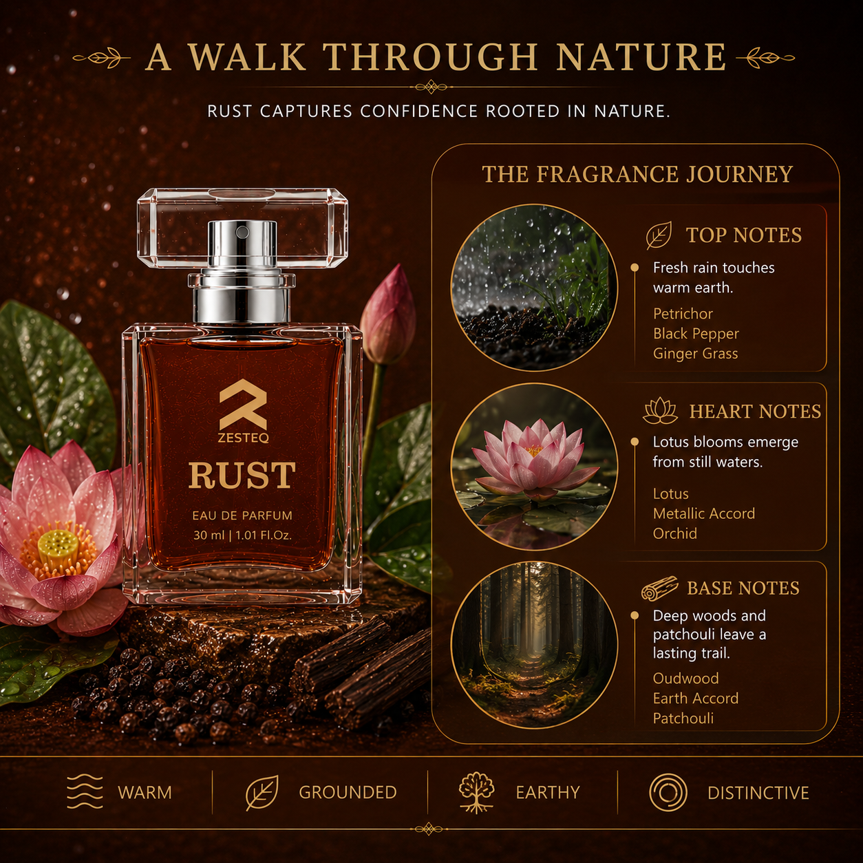 Zesteq Perfume Rust EDP (30 ml) | Earthy &amp; Warm Fragrance | Unique &amp; Grounding | Unisex Branded Perfume for Men and Women