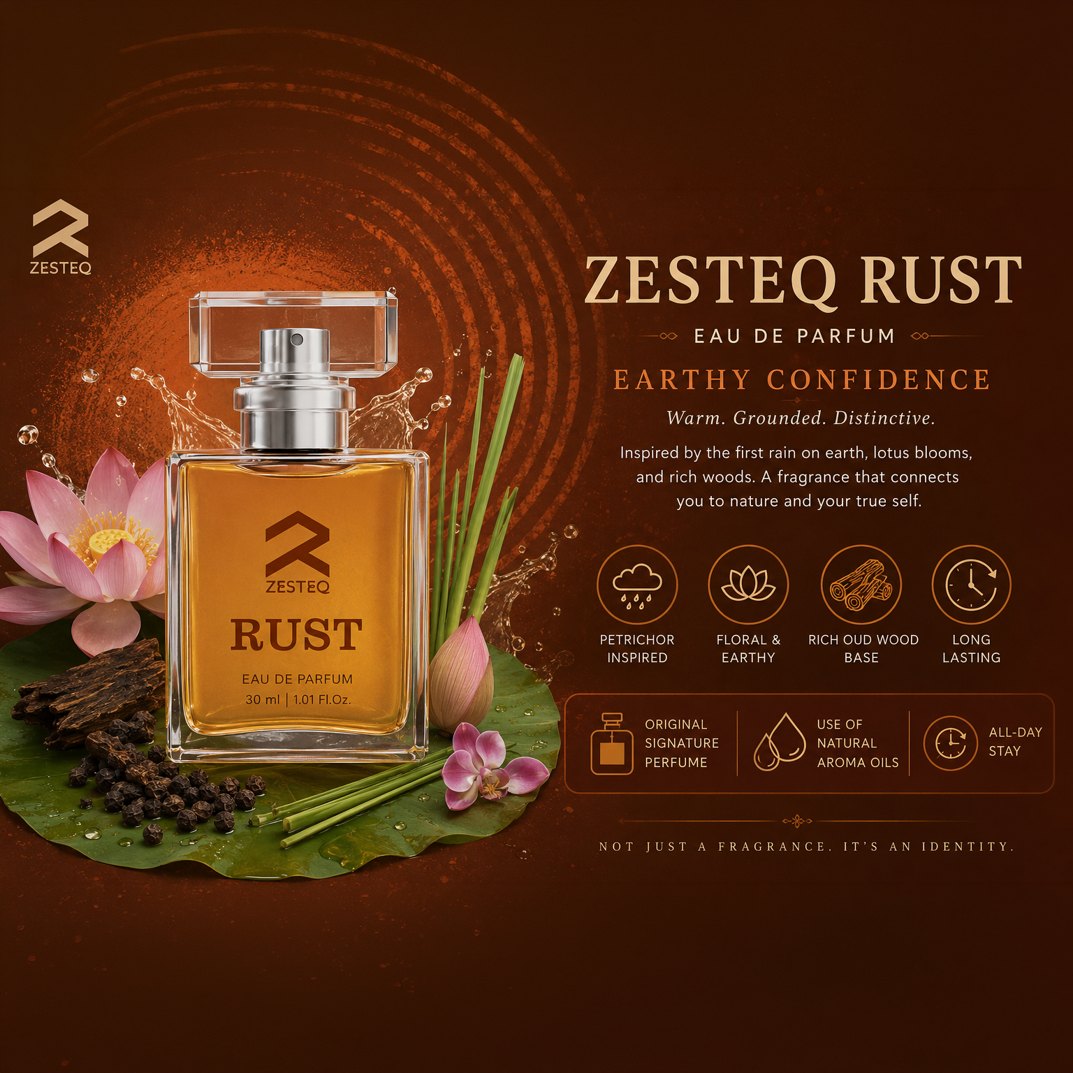 Zesteq Perfume Rust EDP (30 ml) | Earthy &amp; Warm Fragrance | Unique &amp; Grounding | Unisex Branded Perfume for Men and Women