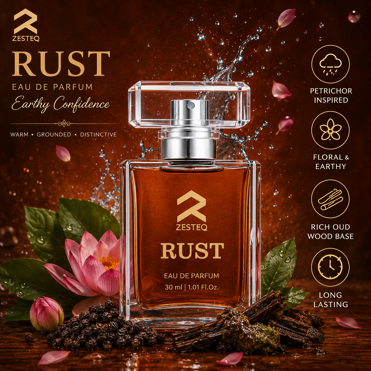 Zesteq Perfume Rust EDP (30 ml) | Earthy &amp; Warm Fragrance | Unique &amp; Grounding | Unisex Branded Perfume for Men and Women