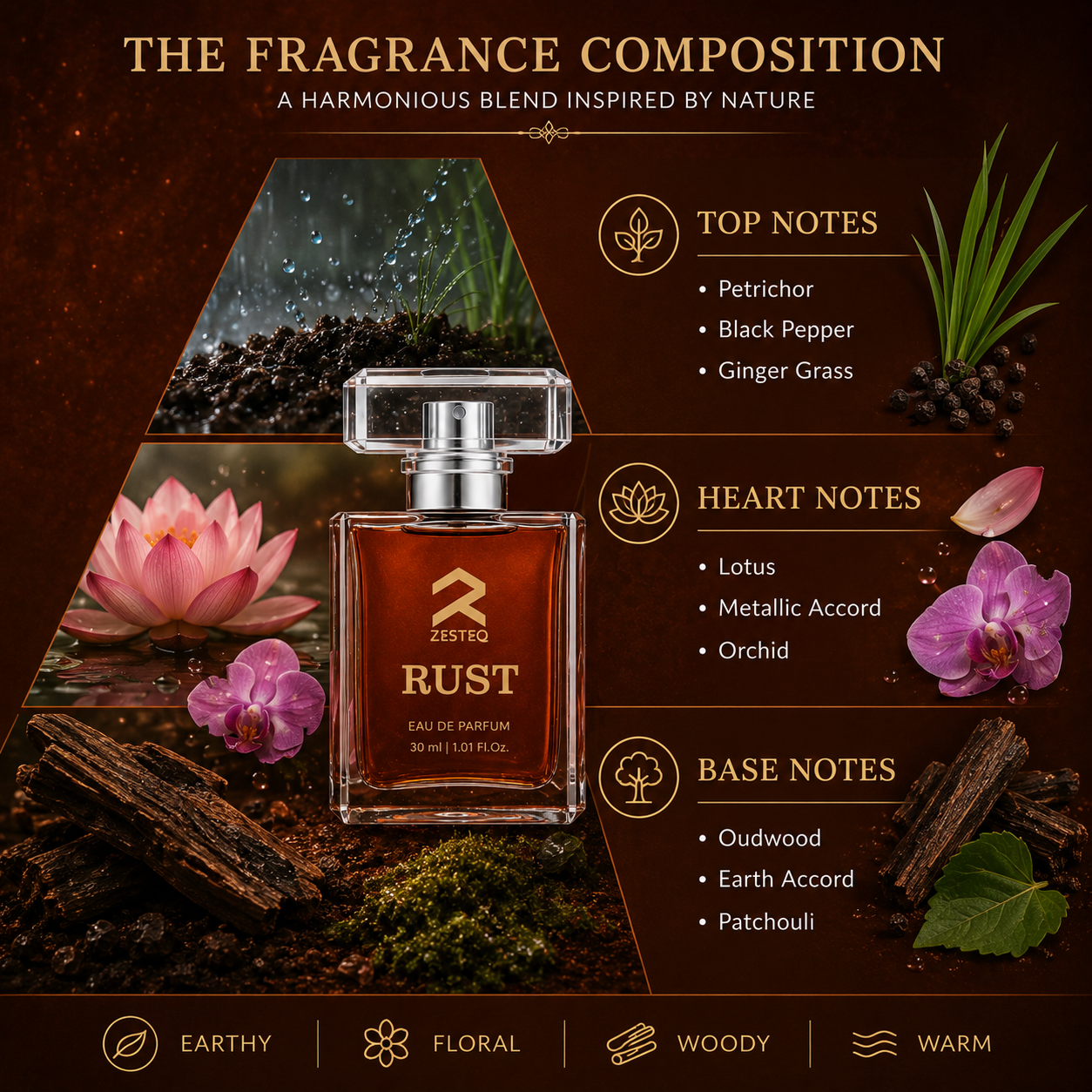 Zesteq Perfume Rust EDP (30 ml) | Earthy &amp; Warm Fragrance | Unique &amp; Grounding | Unisex Branded Perfume for Men and Women