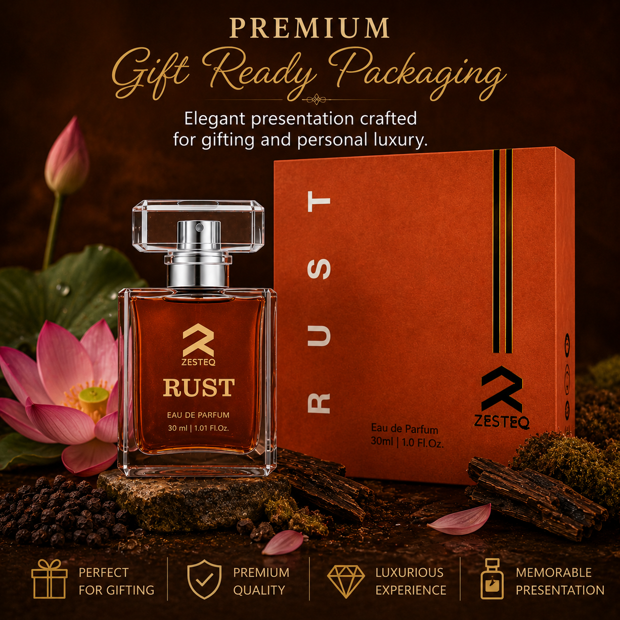 Zesteq Perfume Rust EDP (30 ml) | Earthy &amp; Warm Fragrance | Unique &amp; Grounding | Unisex Branded Perfume for Men and Women