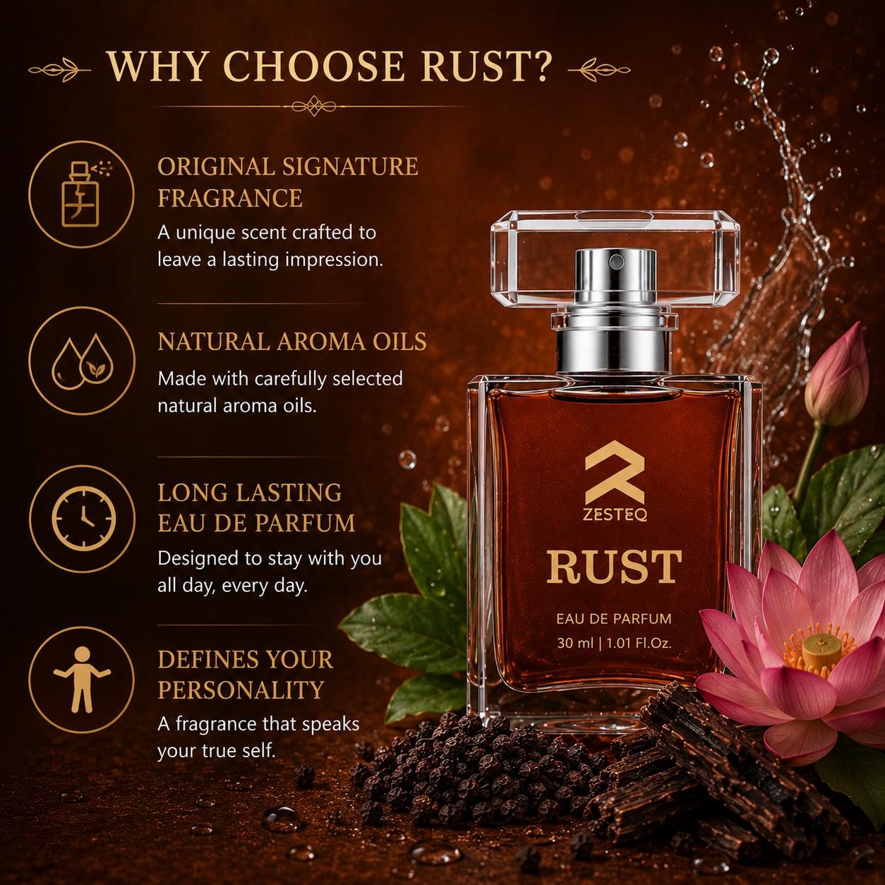 Zesteq Perfume Rust EDP (30 ml) | Earthy &amp; Warm Fragrance | Unique &amp; Grounding | Unisex Branded Perfume for Men and Women