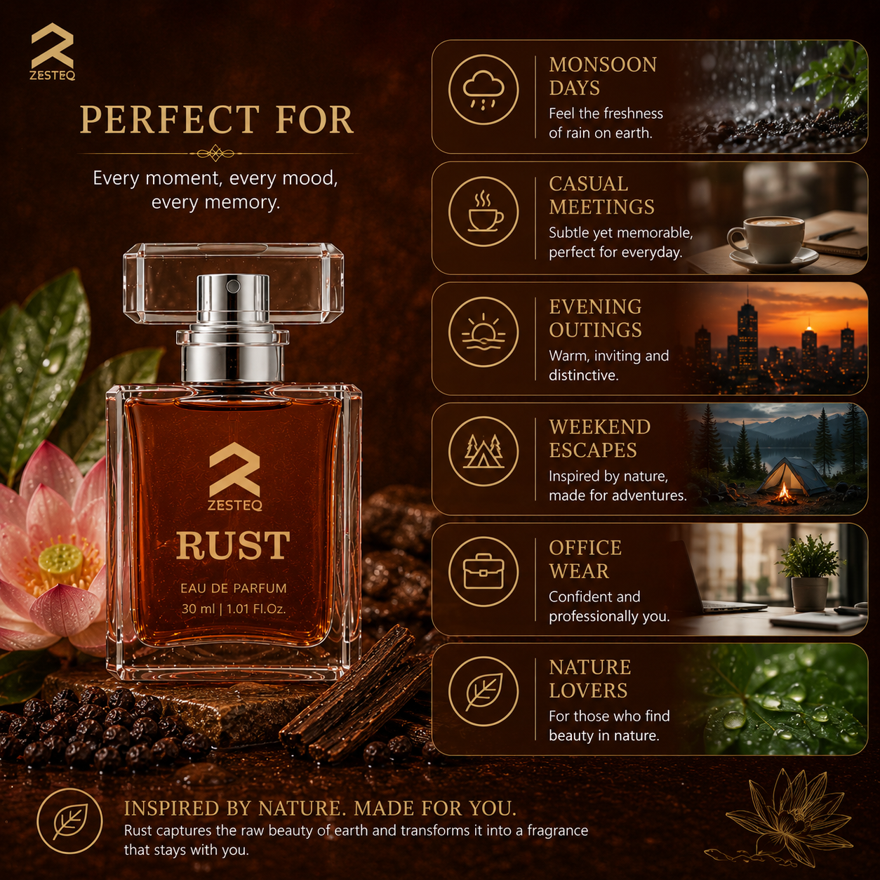 Zesteq Perfume Rust EDP (30 ml) | Earthy &amp; Warm Fragrance | Unique &amp; Grounding | Unisex Branded Perfume for Men and Women