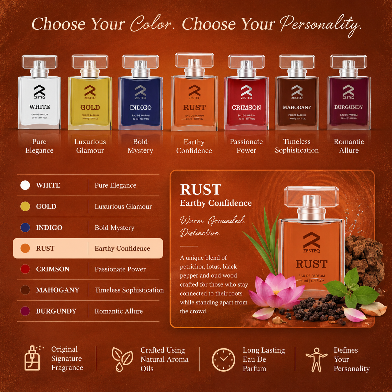 Zesteq Perfume Rust EDP (30 ml) | Earthy &amp; Warm Fragrance | Unique &amp; Grounding | Unisex Branded Perfume for Men and Women