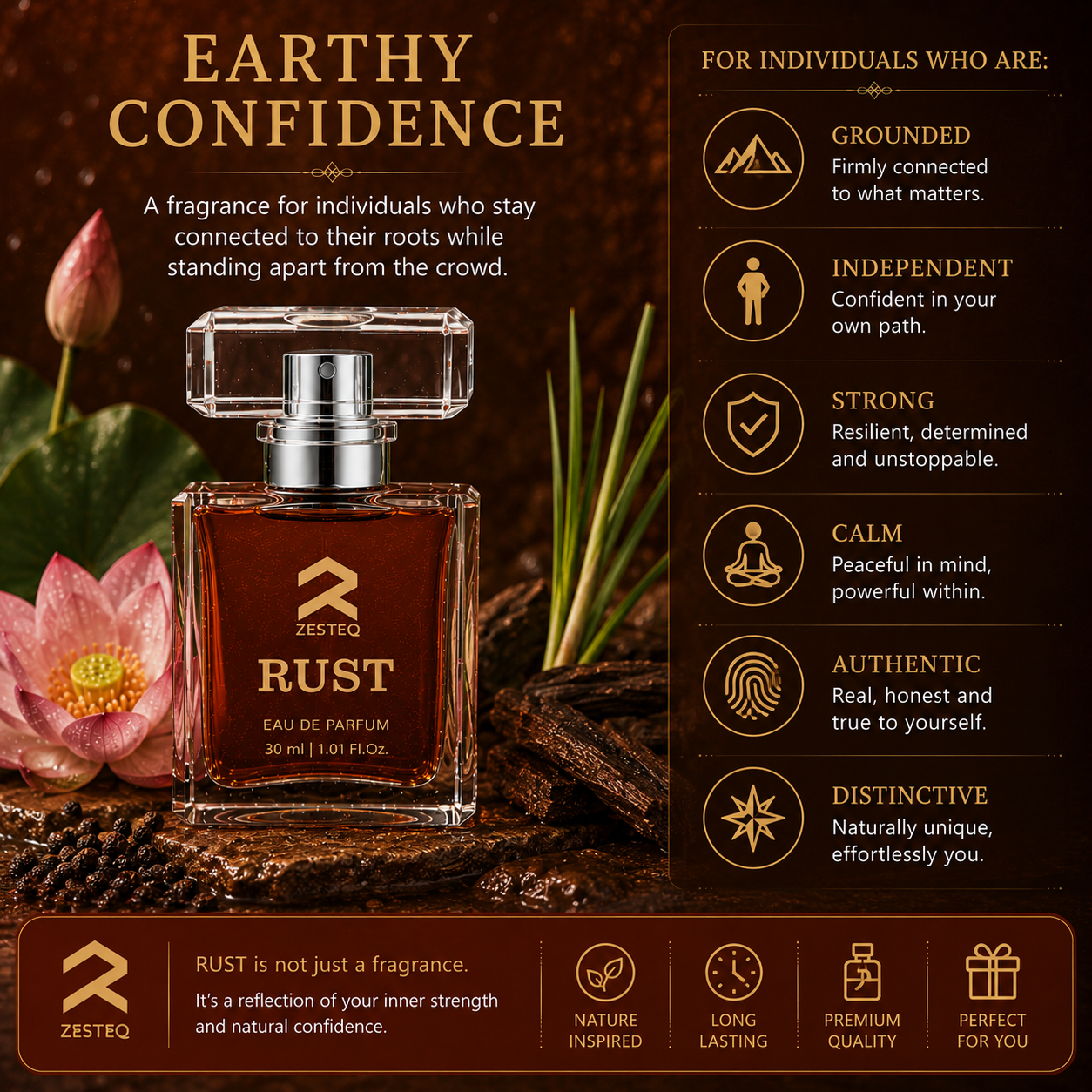 Zesteq Perfume Rust EDP (30 ml) | Earthy &amp; Warm Fragrance | Unique &amp; Grounding | Unisex Branded Perfume for Men and Women
