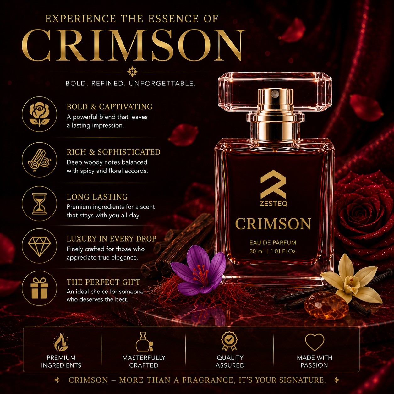 Zesteq Perfume Crimson EDP(30 ml) | Passionate &amp; Vibrant Fragrance | Captivating &amp; Long-Lasting |Perfume for Women long lasting
