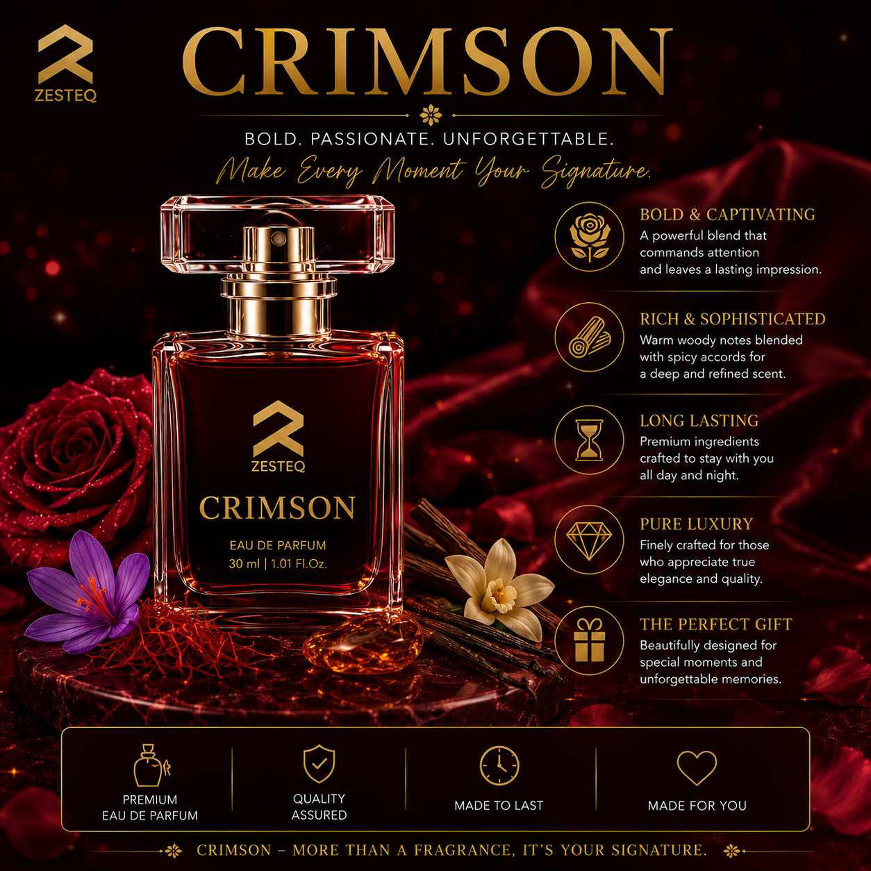 Zesteq Perfume Crimson EDP(30 ml) | Passionate &amp; Vibrant Fragrance | Captivating &amp; Long-Lasting |Perfume for Women long lasting