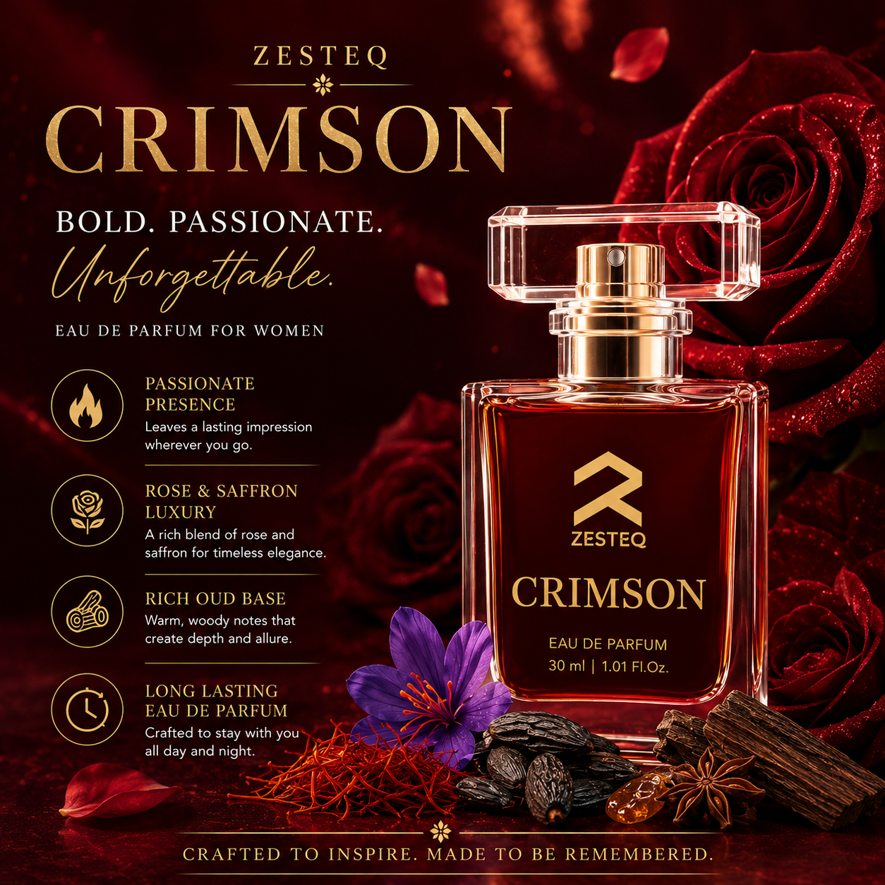 Zesteq Perfume Crimson EDP(30 ml) | Passionate &amp; Vibrant Fragrance | Captivating &amp; Long-Lasting |Perfume for Women long lasting