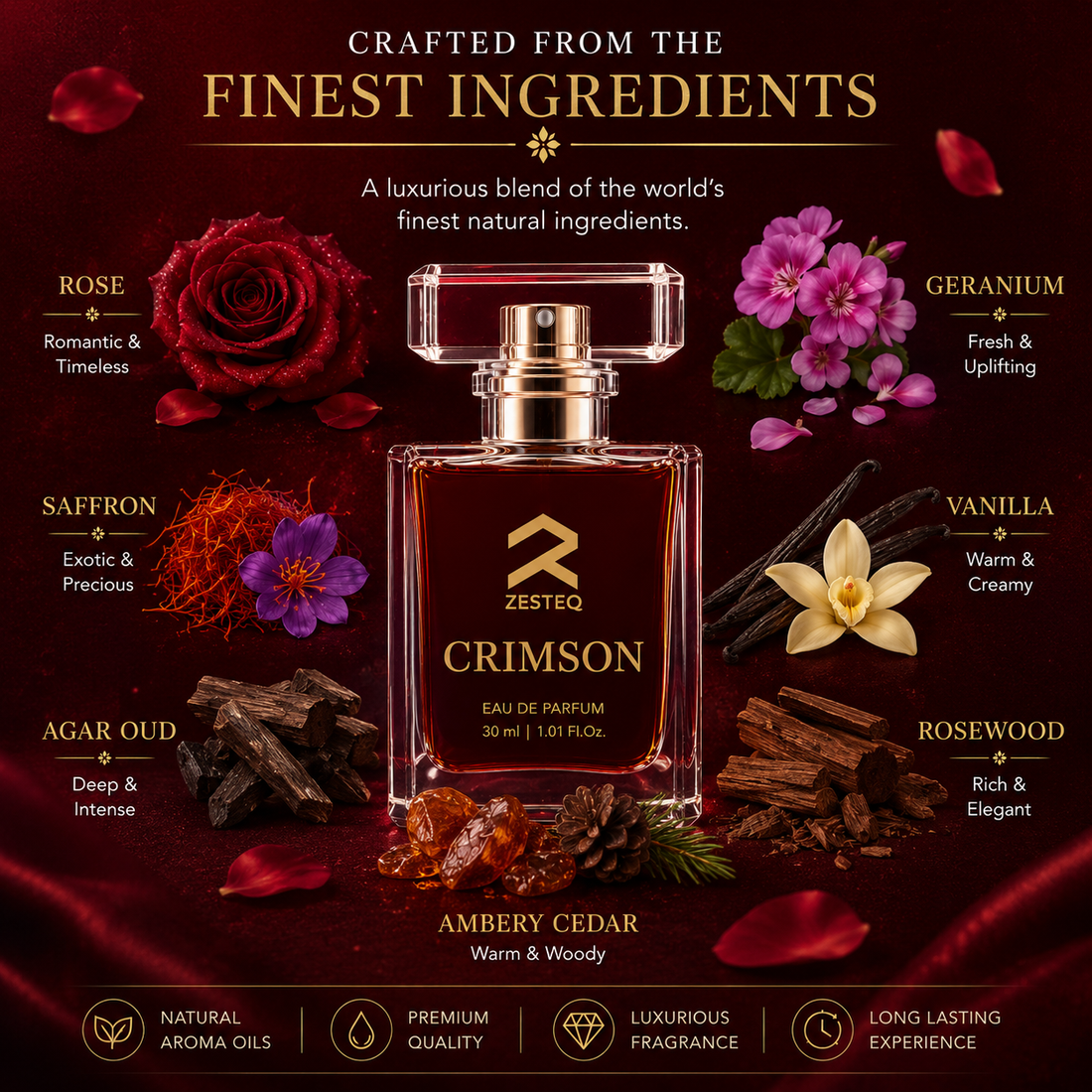 Zesteq Perfume Crimson EDP(30 ml) | Passionate &amp; Vibrant Fragrance | Captivating &amp; Long-Lasting |Perfume for Women long lasting