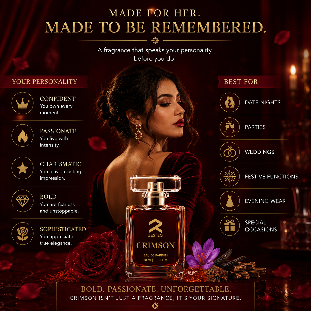 Zesteq Perfume Crimson EDP(30 ml) | Passionate &amp; Vibrant Fragrance | Captivating &amp; Long-Lasting |Perfume for Women long lasting