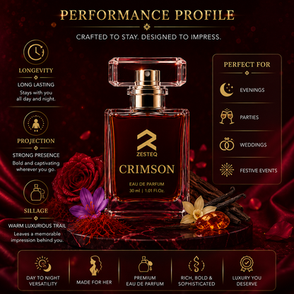 Zesteq Perfume Crimson EDP(30 ml) | Passionate &amp; Vibrant Fragrance | Captivating &amp; Long-Lasting |Perfume for Women long lasting