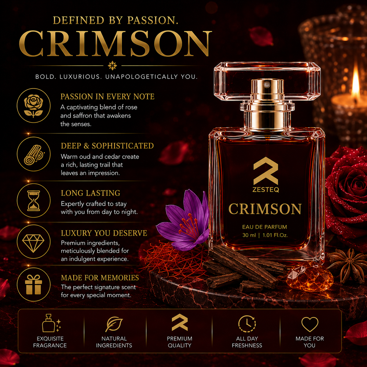 Zesteq Perfume Crimson EDP(30 ml) | Passionate &amp; Vibrant Fragrance | Captivating &amp; Long-Lasting |Perfume for Women long lasting