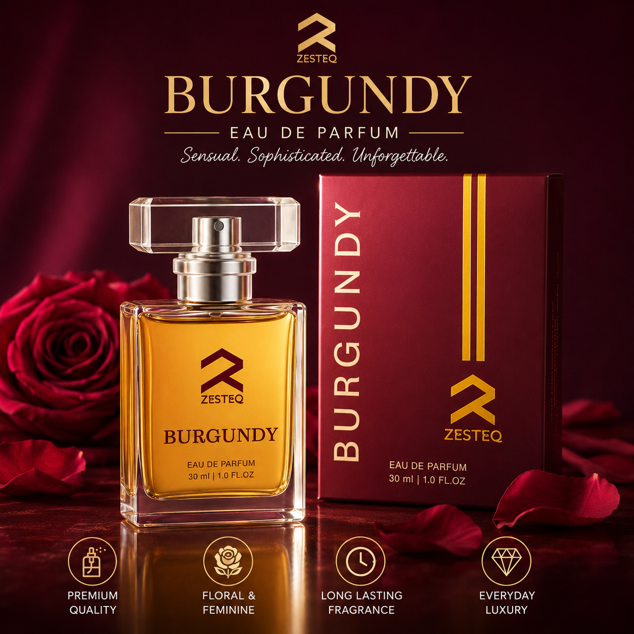 Zesteq Burgundy Eau De Parfum (30 ml) | Sensual &amp; Sophisticated Fragrance | Perfect for Evening Wear |Luxury Perfumes for Women