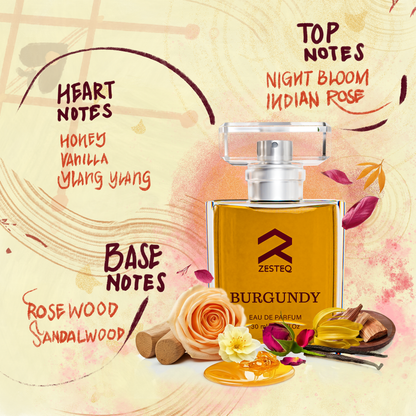 Zesteq Burgundy Eau De Parfum (30 ml) | Sensual &amp; Sophisticated Fragrance | Perfect for Evening Wear |Luxury Perfumes for Women