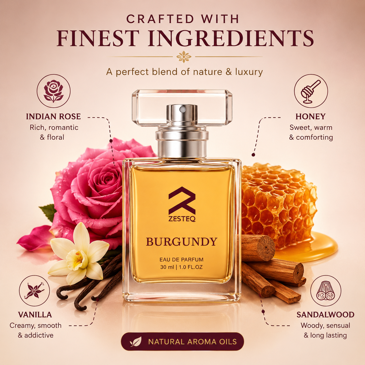 Zesteq Burgundy Eau De Parfum (30 ml) | Sensual &amp; Sophisticated Fragrance | Perfect for Evening Wear |Luxury Perfumes for Women