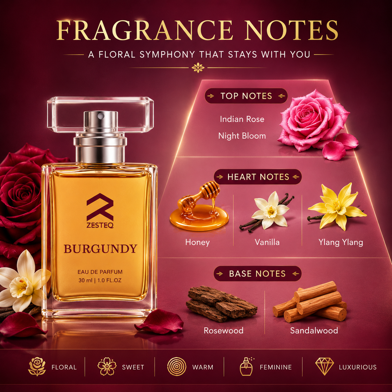 Zesteq Burgundy Eau De Parfum (30 ml) | Sensual &amp; Sophisticated Fragrance | Perfect for Evening Wear |Luxury Perfumes for Women