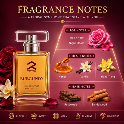 Zesteq Burgundy Eau De Parfum (30 ml) | Sensual &amp; Sophisticated Fragrance | Perfect for Evening Wear |Luxury Perfumes for Women