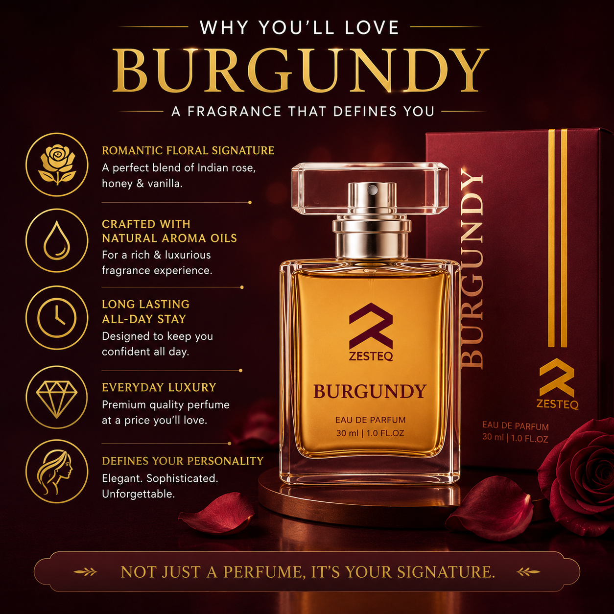 Zesteq Burgundy Eau De Parfum (30 ml) | Sensual &amp; Sophisticated Fragrance | Perfect for Evening Wear |Luxury Perfumes for Women