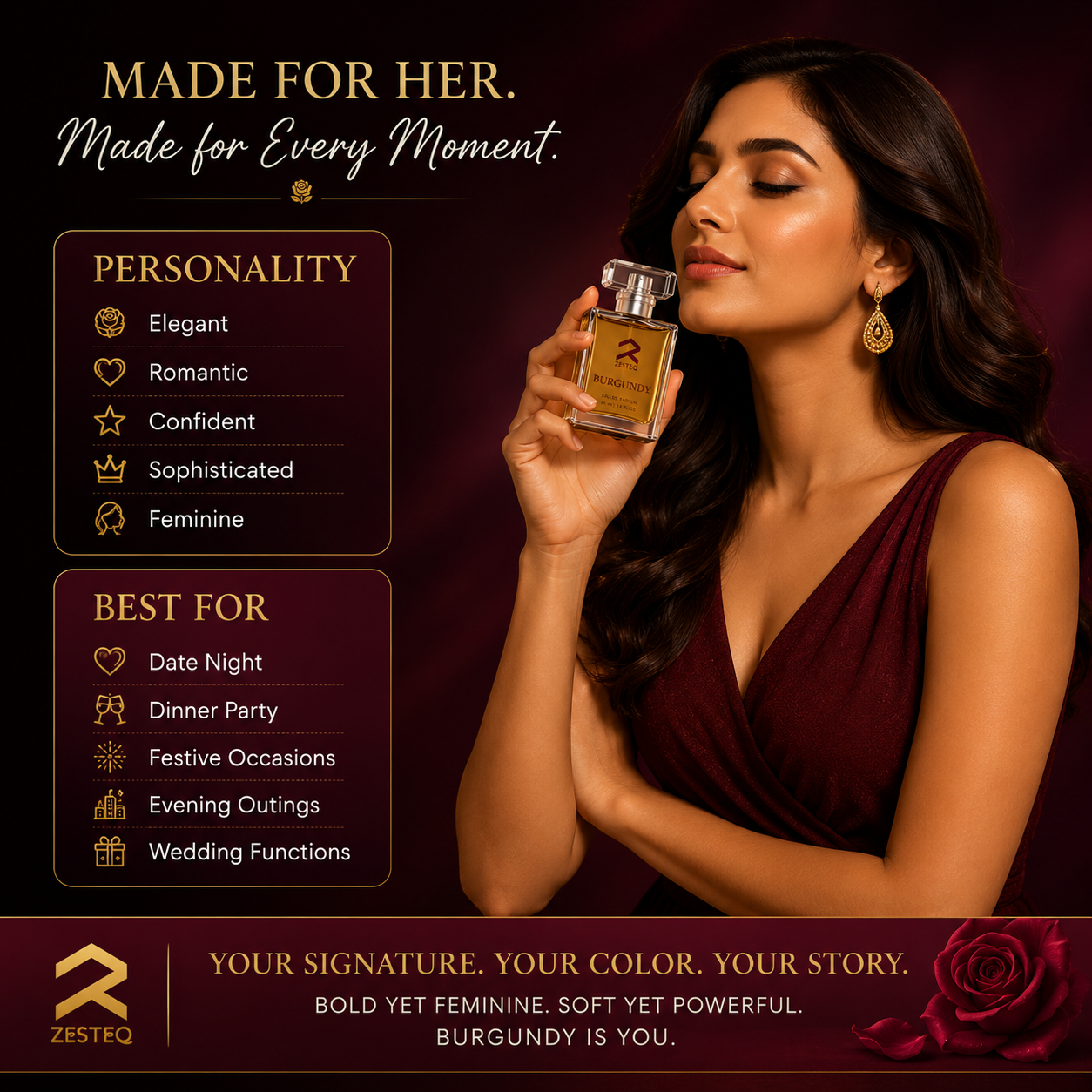 Zesteq Burgundy Eau De Parfum (30 ml) | Sensual &amp; Sophisticated Fragrance | Perfect for Evening Wear |Luxury Perfumes for Women