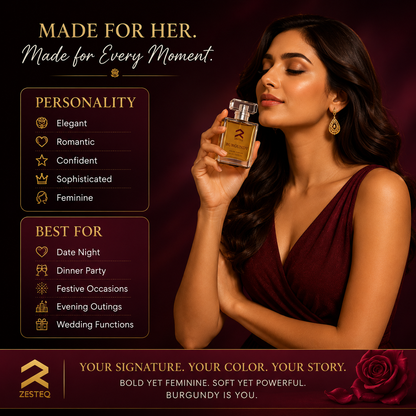 Zesteq Burgundy Eau De Parfum (30 ml) | Sensual &amp; Sophisticated Fragrance | Perfect for Evening Wear |Luxury Perfumes for Women