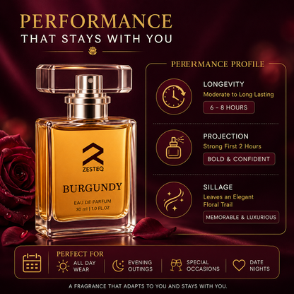 Zesteq Burgundy Eau De Parfum (30 ml) | Sensual &amp; Sophisticated Fragrance | Perfect for Evening Wear |Luxury Perfumes for Women