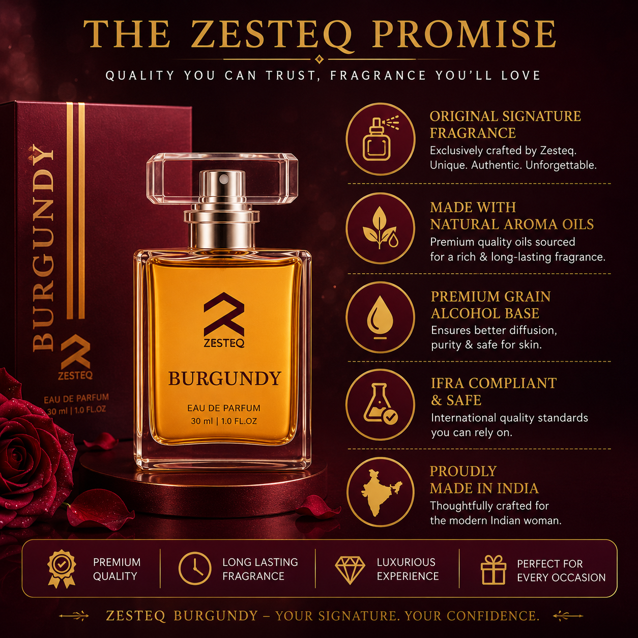Zesteq Burgundy Eau De Parfum (30 ml) | Sensual &amp; Sophisticated Fragrance | Perfect for Evening Wear |Luxury Perfumes for Women