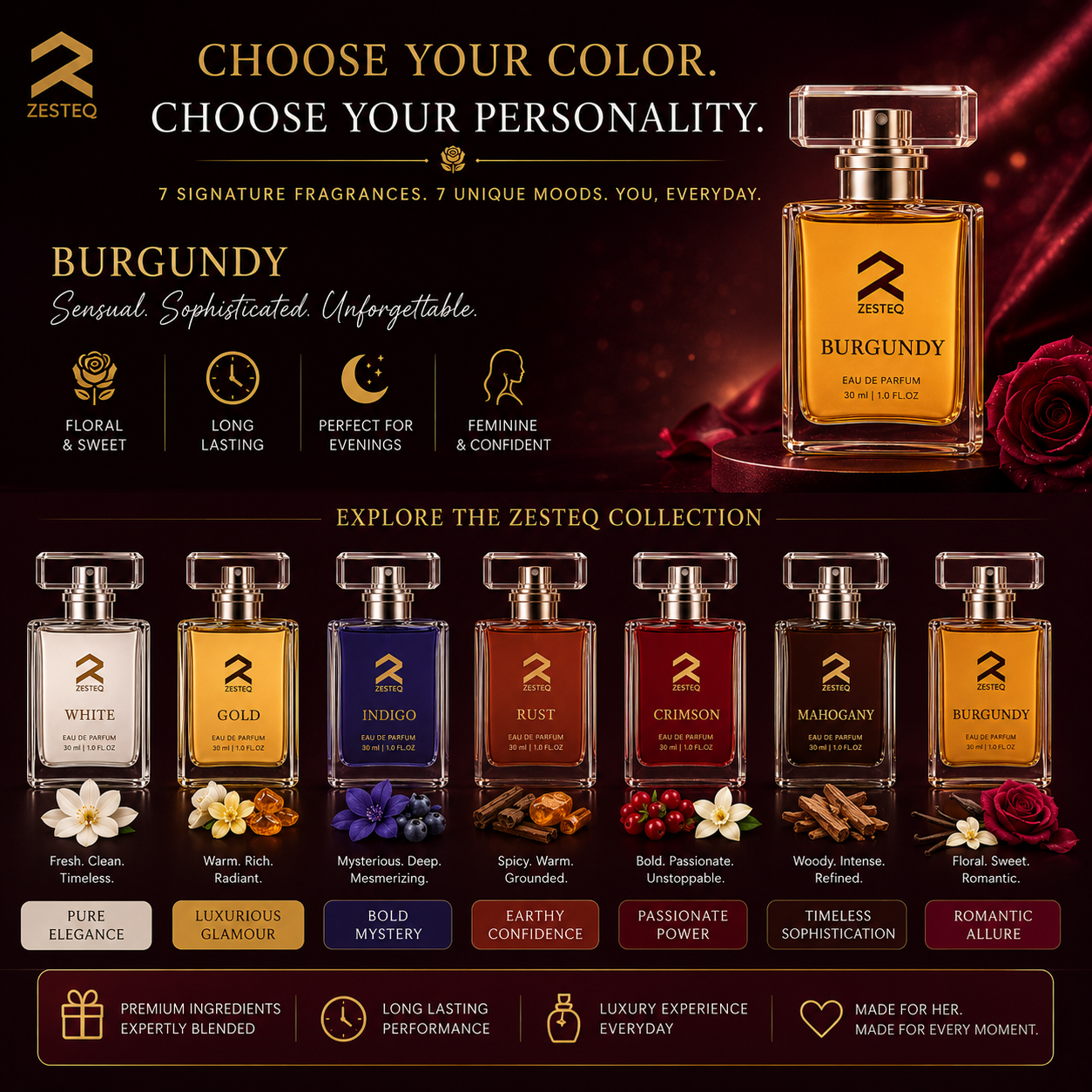 Zesteq Burgundy Eau De Parfum (30 ml) | Sensual &amp; Sophisticated Fragrance | Perfect for Evening Wear |Luxury Perfumes for Women