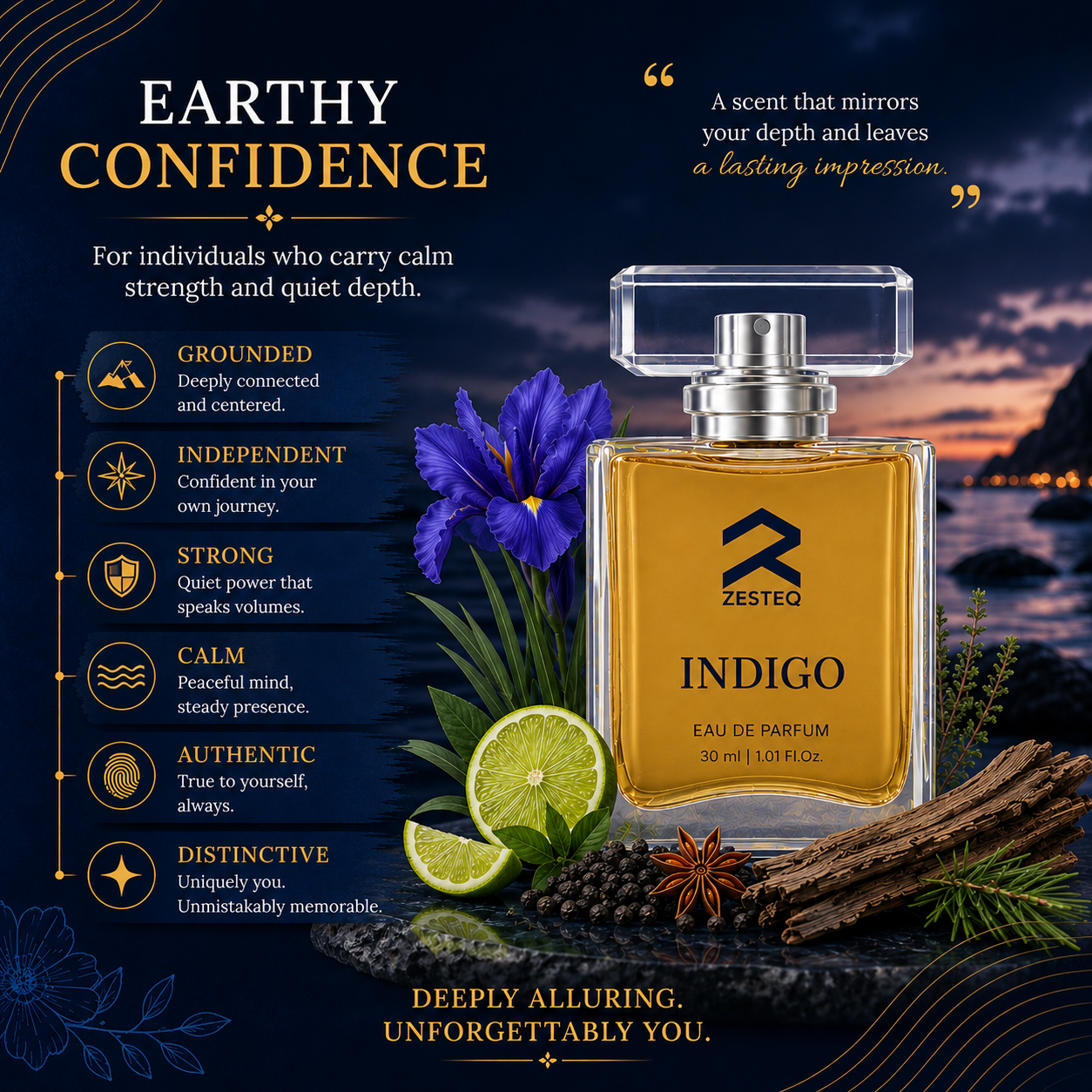 Zesteq Indigo Eau De Parfum (30 ml) | Mysterious &amp; Alluring Fragrance | Bold &amp; Distinctive | Luxury Perfume for Men
